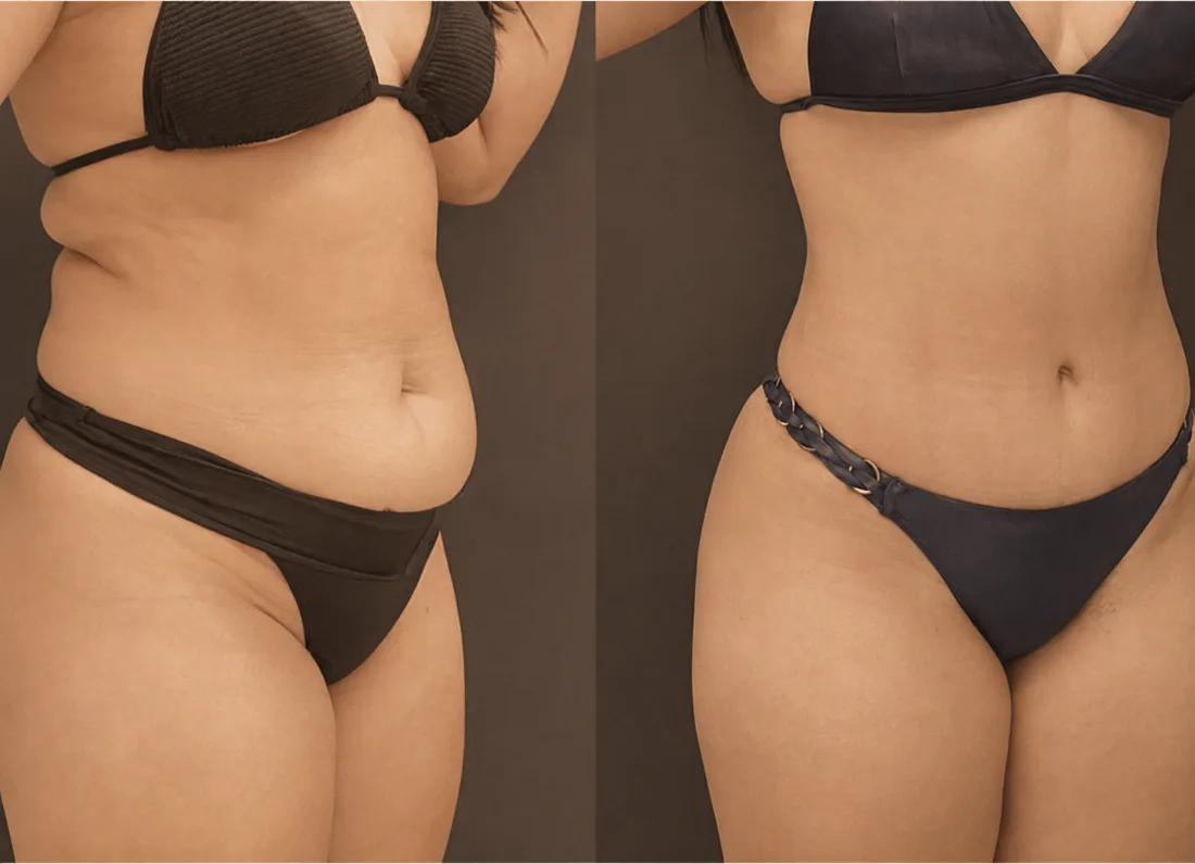Antes e depois — contorno abdominal, vista oblíqua