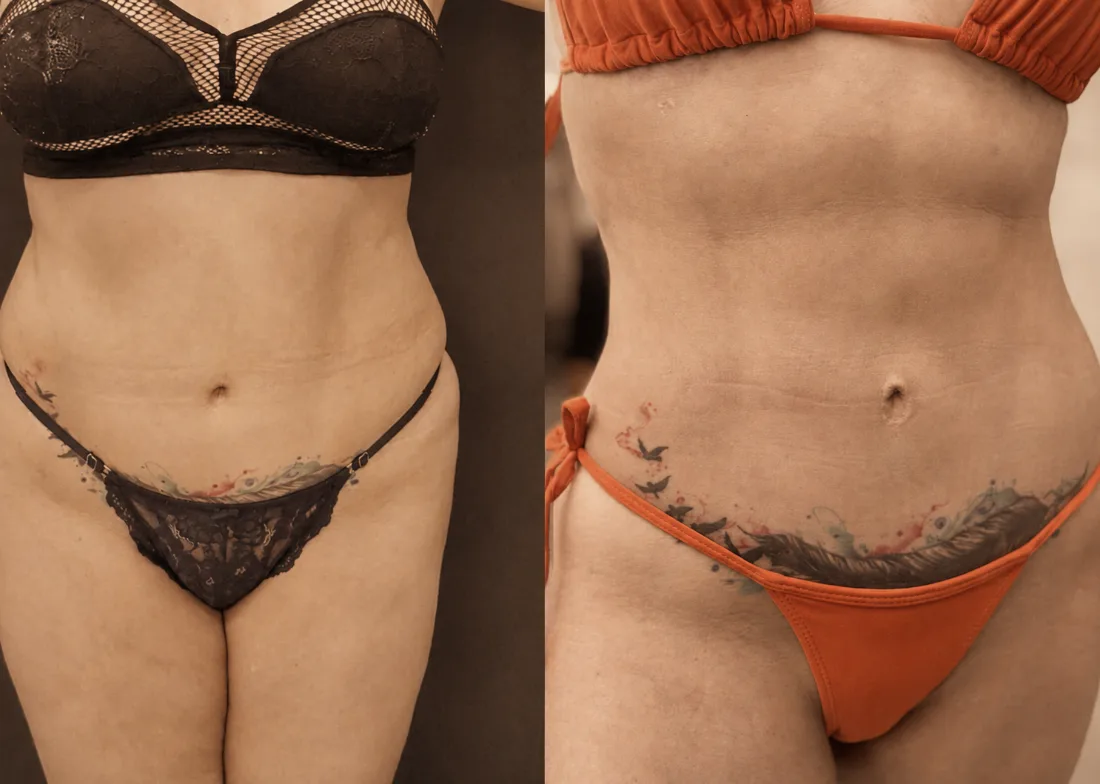 Antes e depois — contorno abdominal, vista frontal
