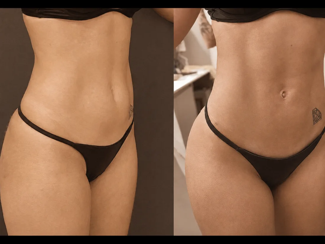Antes e depois — contorno abdominal, vista oblíqua