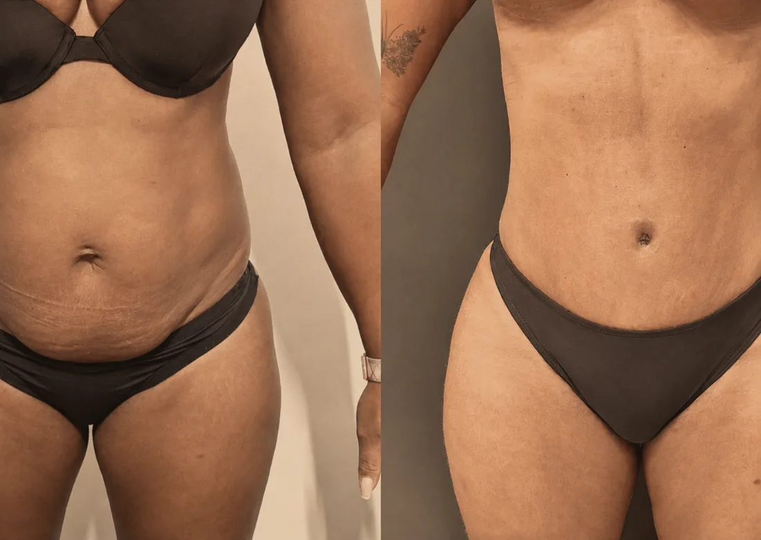 Antes e depois — contorno abdominal, vista frontal